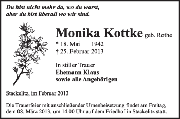 Traueranzeige von Monika Kottke von Super Sonntag Dessau / Köthen