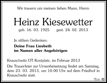 Traueranzeige von Heinz Kiesewetter von WVG - Wochenspiegel NMB / WSF / ZTZ