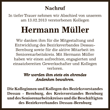 Traueranzeige von Hermann Müller von Super Sonntag Bernburg