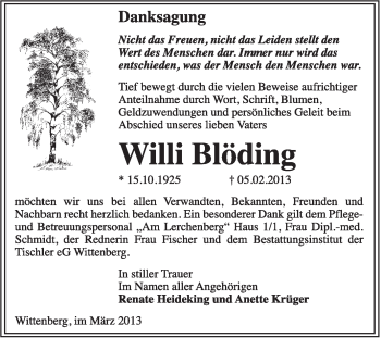 Traueranzeige von Willi Blöding von WVG - Wochenspiegel Wittenberg
