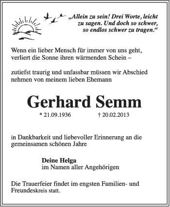 Traueranzeige von Gerhard Semm von Super Sonntag Dessau / Köthen