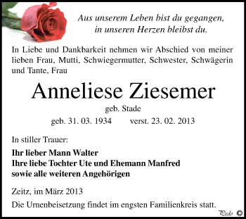 Traueranzeige von Anneliese Ziesemer von Super Sonntag Zeitz