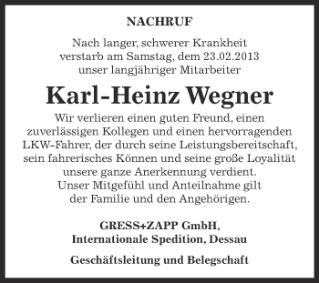 Traueranzeige von Karl-Heinz Wegner von WVG - Wochenspiegel Dessau / Köthen
