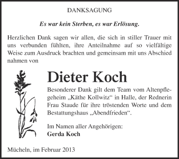 Traueranzeige von Dieter Koch von WVG - Wochenspiegel Merseburg