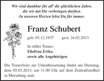 Traueranzeige von Franz Schubert von Super Sonntag Merseburg