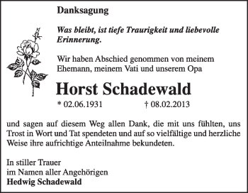 Traueranzeige von Horst Schadewald von Super Sonntag Wittenberg