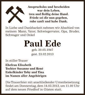 Traueranzeige von Paul Ede von Super Sonntag Bernburg