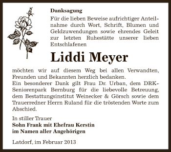 Traueranzeige von Liddi Meyer von Super Sonntag Bernburg