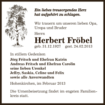 Traueranzeige von Herbert Fröbel von Super Sonntag Zeitz