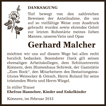 Traueranzeige von Gerhard Malcher von Super Sonntag Bernburg