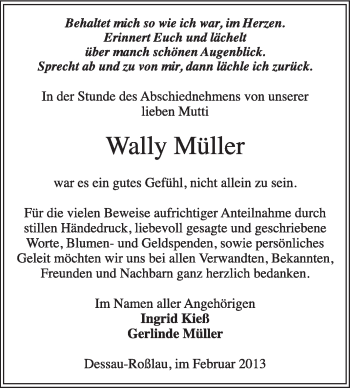 Traueranzeige von Wally Müller von Super Sonntag Dessau / Köthen