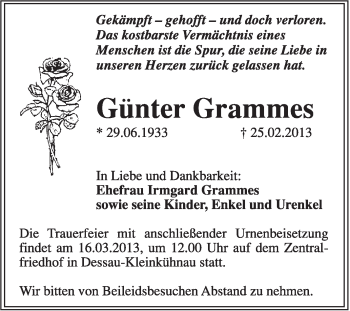 Traueranzeige von Günter Grammes von Super Sonntag Dessau / Köthen