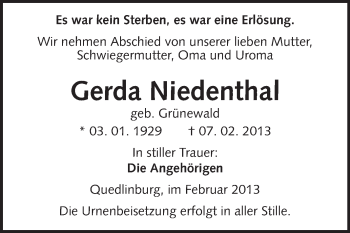 Traueranzeige von Gerda Niedenthal von Super Sonntag Quedlinburg