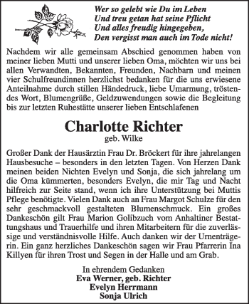 Traueranzeige von Charlotte  Richter von Super Sonntag Dessau / Köthen