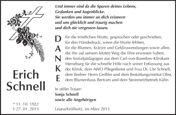Traueranzeige von Erich Schnell von Super Sonntag Merseburg