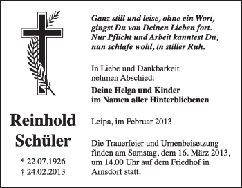 Traueranzeige von Reinhold Schüler von WVG - Wochenspiegel Wittenberg
