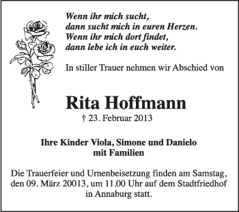 Traueranzeige von Rita Hoffmann von WVG - Wochenspiegel Wittenberg