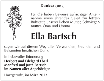 Traueranzeige von Ella Bartsch von Super Sonntag Quedlinburg