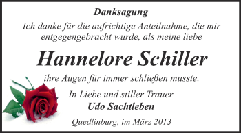 Traueranzeige von Hannelore Schiller von WVG - Wochenspiegel Quedlinburg