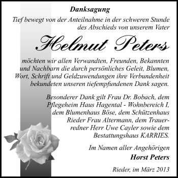 Traueranzeige von Helmut Peters von WVG - Wochenspiegel Quedlinburg