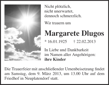Traueranzeige von Margarete Dlugos von Super Sonntag Quedlinburg
