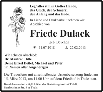 Traueranzeige von Friede Dulack von WVG - Wochenspiegel Quedlinburg