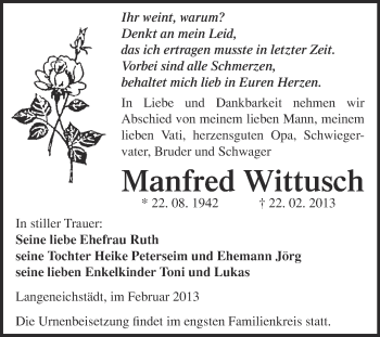 Traueranzeige von Manfred Wittusch von WVG - Wochenspiegel Merseburg
