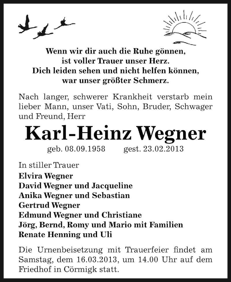  Traueranzeige für Karl-Heinz Wegner vom 03.03.2013 aus Super Sonntag Bernburg