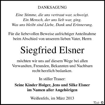 Traueranzeige von Siegfried Elsner von WVG - Wochenspiegel NMB / WSF / ZTZ