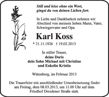 Traueranzeige von Karl Koss von Super Sonntag Wittenberg