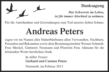 Traueranzeige von Andreas Peters von WVG - Wochenspiegel Quedlinburg