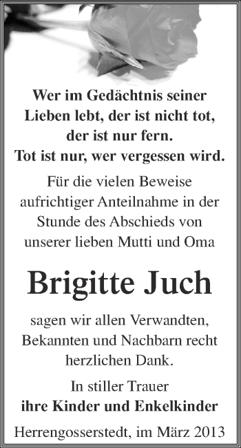 Traueranzeige von Brigitte Juch von WVG - Wochenspiegel NMB / WSF / ZTZ