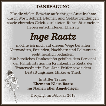 Traueranzeige von Inge Raatz von Super Sonntag Zeitz