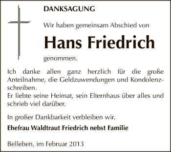 Traueranzeige von Hans Friedrich von Super Sonntag Bernburg