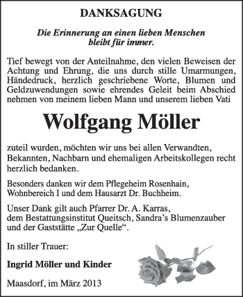Traueranzeige von Wolfgang Möller von Super Sonntag Dessau / Köthen