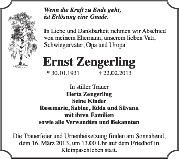Traueranzeige von Ernst Zengerling von Super Sonntag Dessau / Köthen
