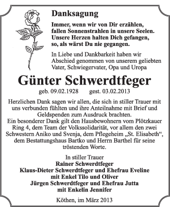 Traueranzeige von Günter Schwerdtfeger von Super Sonntag Dessau / Köthen
