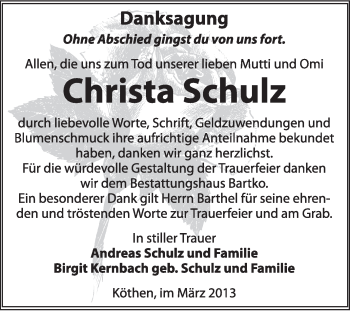 Traueranzeige von Christa Schulz von Super Sonntag Dessau / Köthen