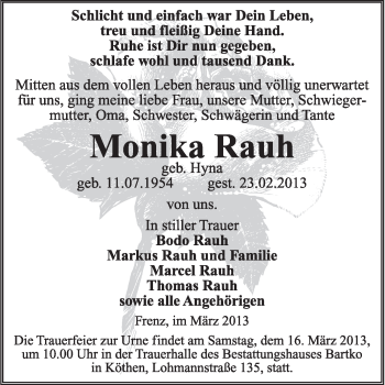 Traueranzeige von Monika Rauh von Super Sonntag Dessau / Köthen