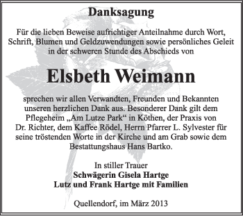 Traueranzeige von Elsbeth Weimann von Super Sonntag Dessau / Köthen