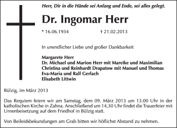Traueranzeige von Ingomar Herr von WVG - Wochenspiegel Wittenberg