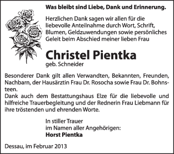 Traueranzeige von Christel Pientka von Super Sonntag Dessau / Köthen