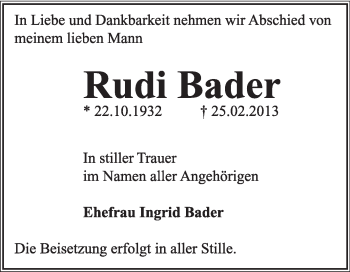 Traueranzeige von Rudi Bader von Super Sonntag Dessau / Köthen