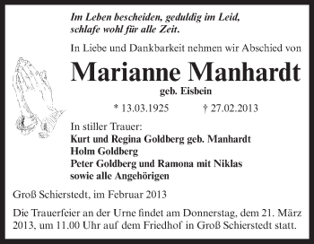 Traueranzeige von Marianne Manhardt von Super Sonntag Aschersleben