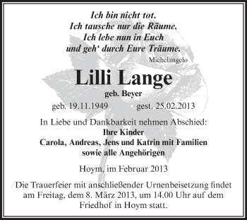 Traueranzeige von Lilli Lange von Super Sonntag Aschersleben