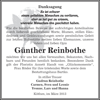 Traueranzeige von Günther Reinbothe von WVG - Wochenspiegel Dessau / Köthen