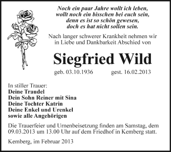 Traueranzeige von Siegfried Wild von Super Sonntag Wittenberg
