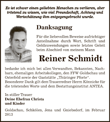 Traueranzeige von Reiner Schmidt von Super Sonntag Zeitz
