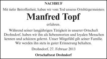 Traueranzeige von Manfred Topf von Super Sonntag Aschersleben