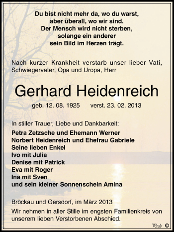 Traueranzeige von Gerhard Heidenreich von Super Sonntag Zeitz